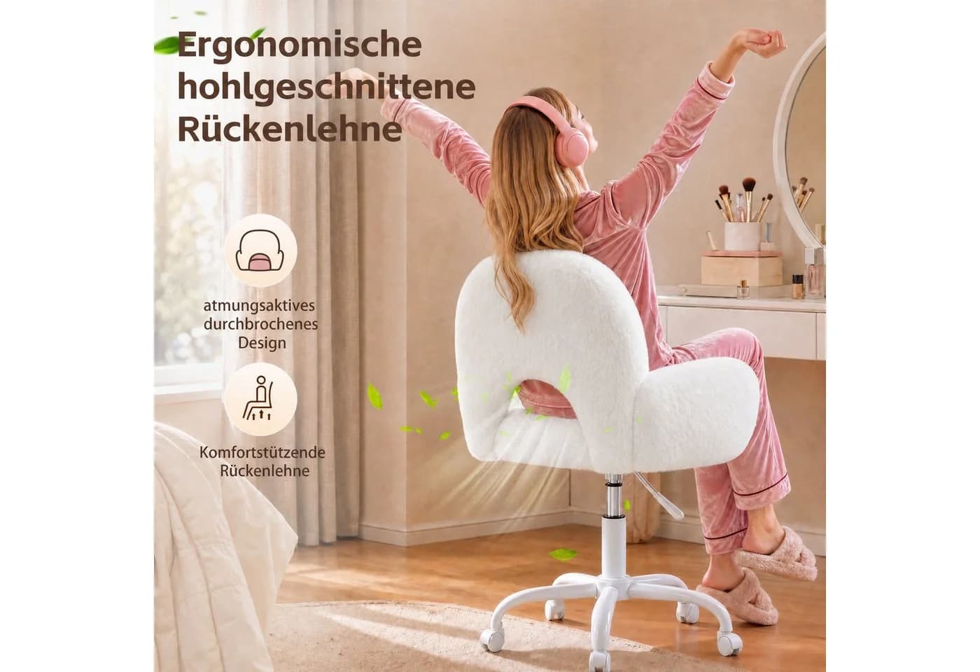 Klyvvo Drehstuhl Bürostuhl mit Kunstkaninchenfell beige höhenverstellbar - Bild 4