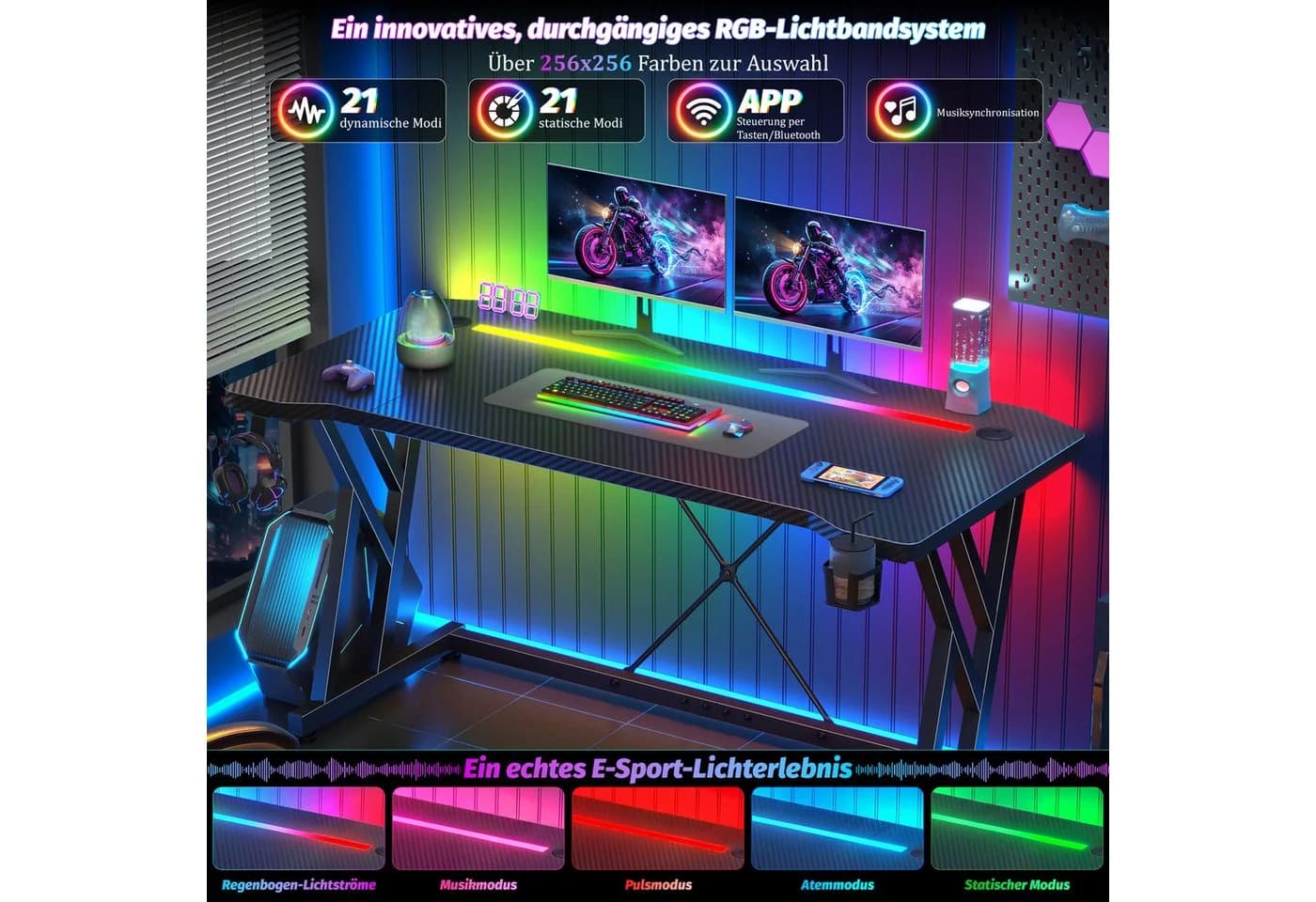 Klyvvo Gaming Schreibtisch mit RGB LED Beleuchtung Schwarz - Bild 5