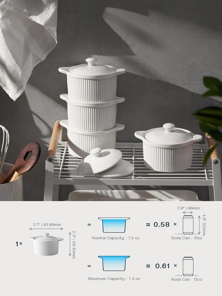 Dowan Ramekins mit Deckeln und Griffen, 210 ml, 4-teilig, Weiß