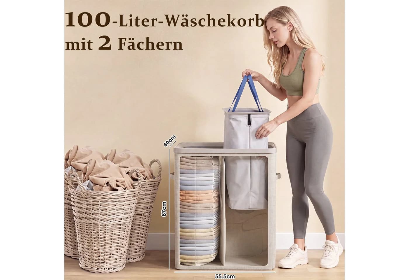 Hausright Wäschekorb 100L mit Deckel 2 Fächer beige braun