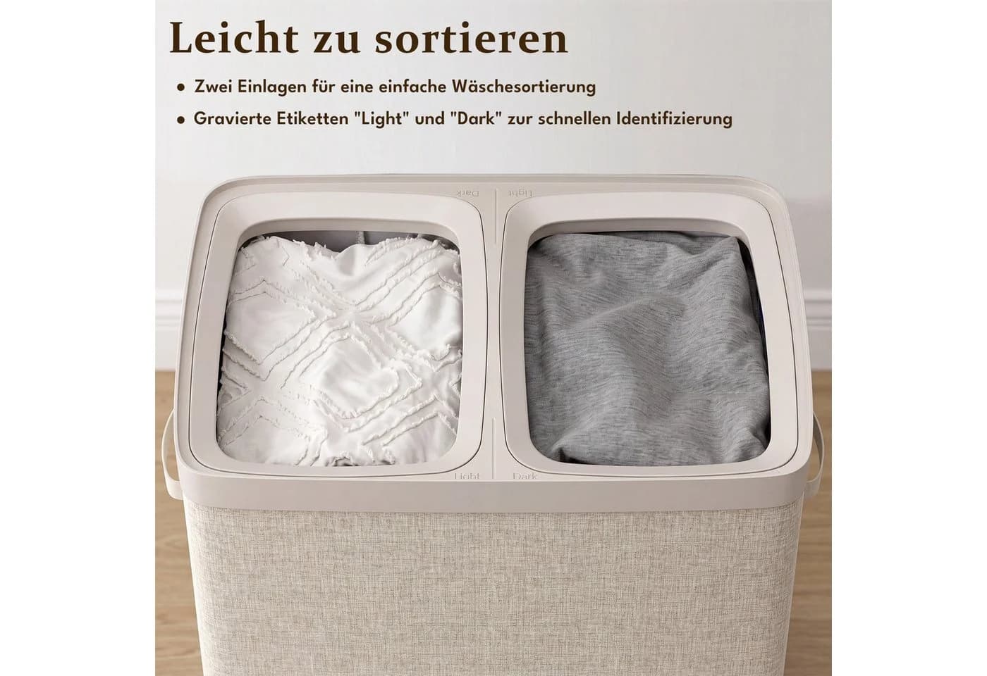 Hausright Wäschekorb 100L mit Deckel 2 Fächer beige braun - Bild 3