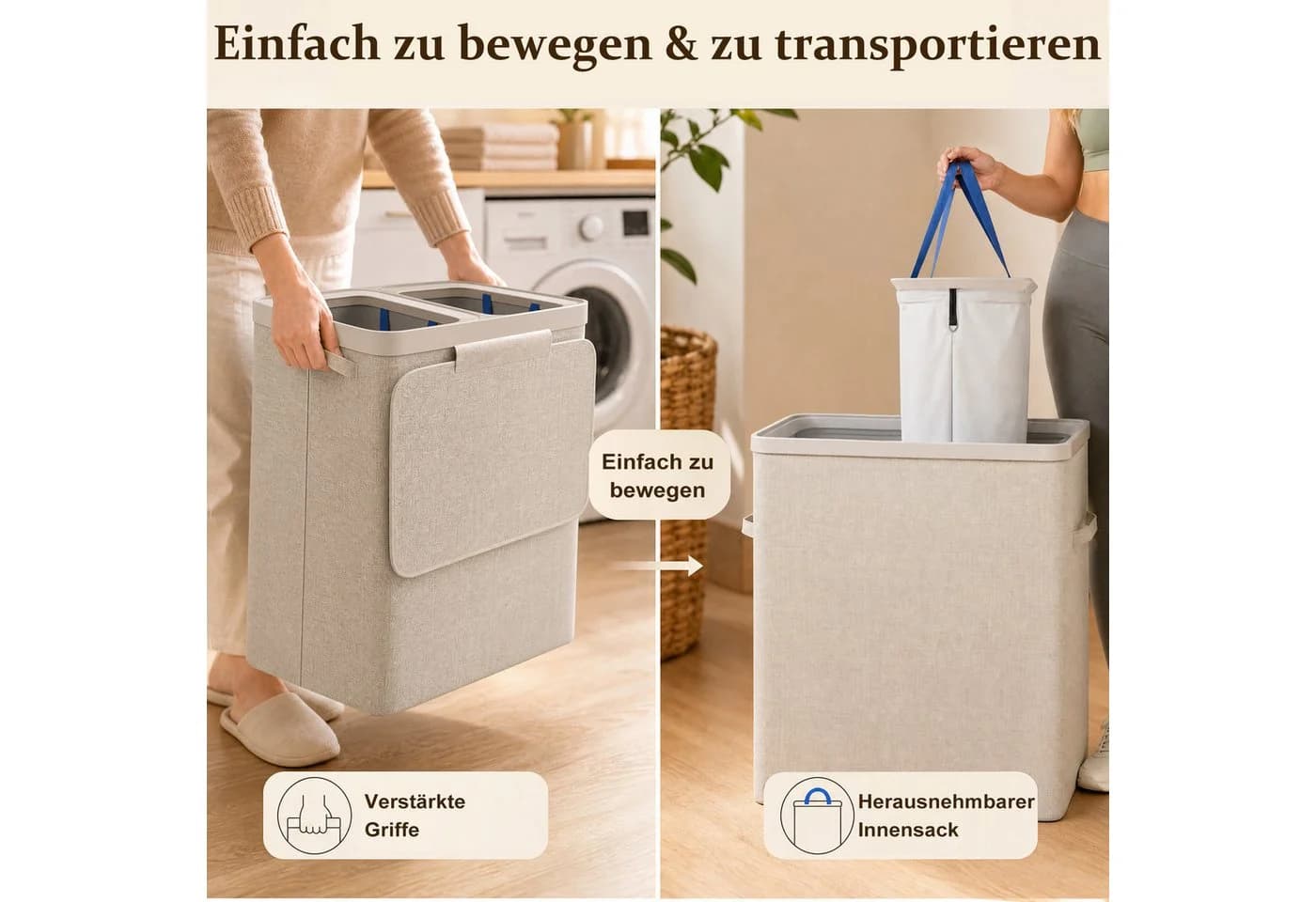 Hausright Wäschekorb 100L mit Deckel 2 Fächer beige braun - Bild 4