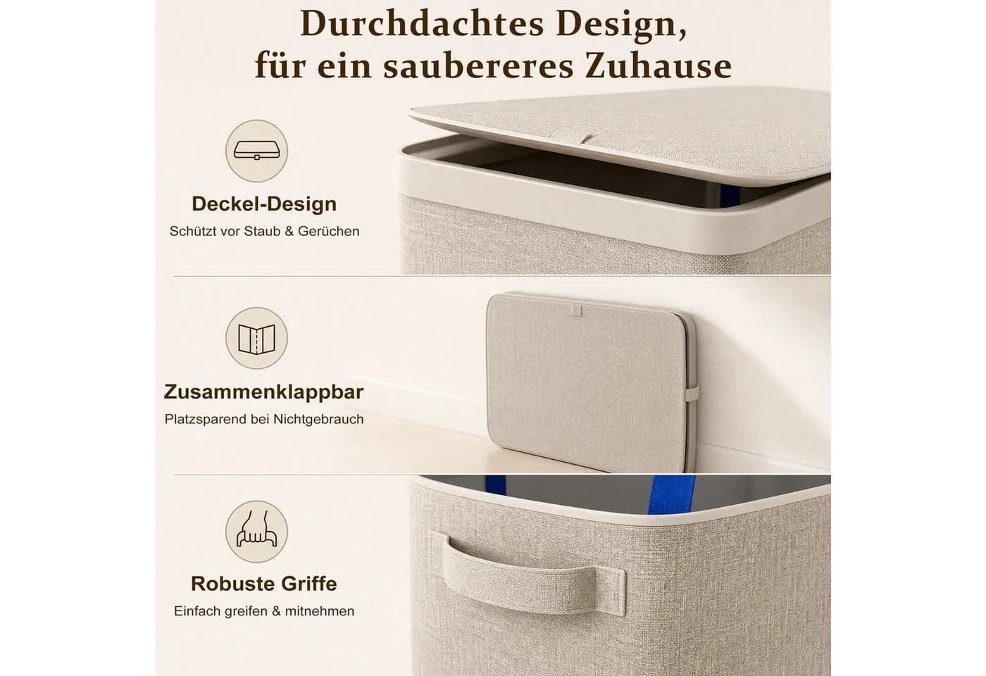 Hausright Wäschekorb 100L mit Deckel 2 Fächer beige braun - Bild 5