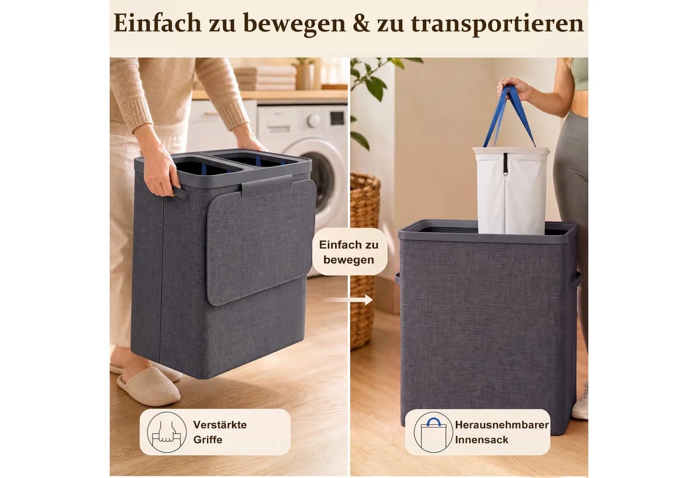 Hausright Wäschekorb 100L Grau mit Deckel & 2 Fächern - Bild 4
