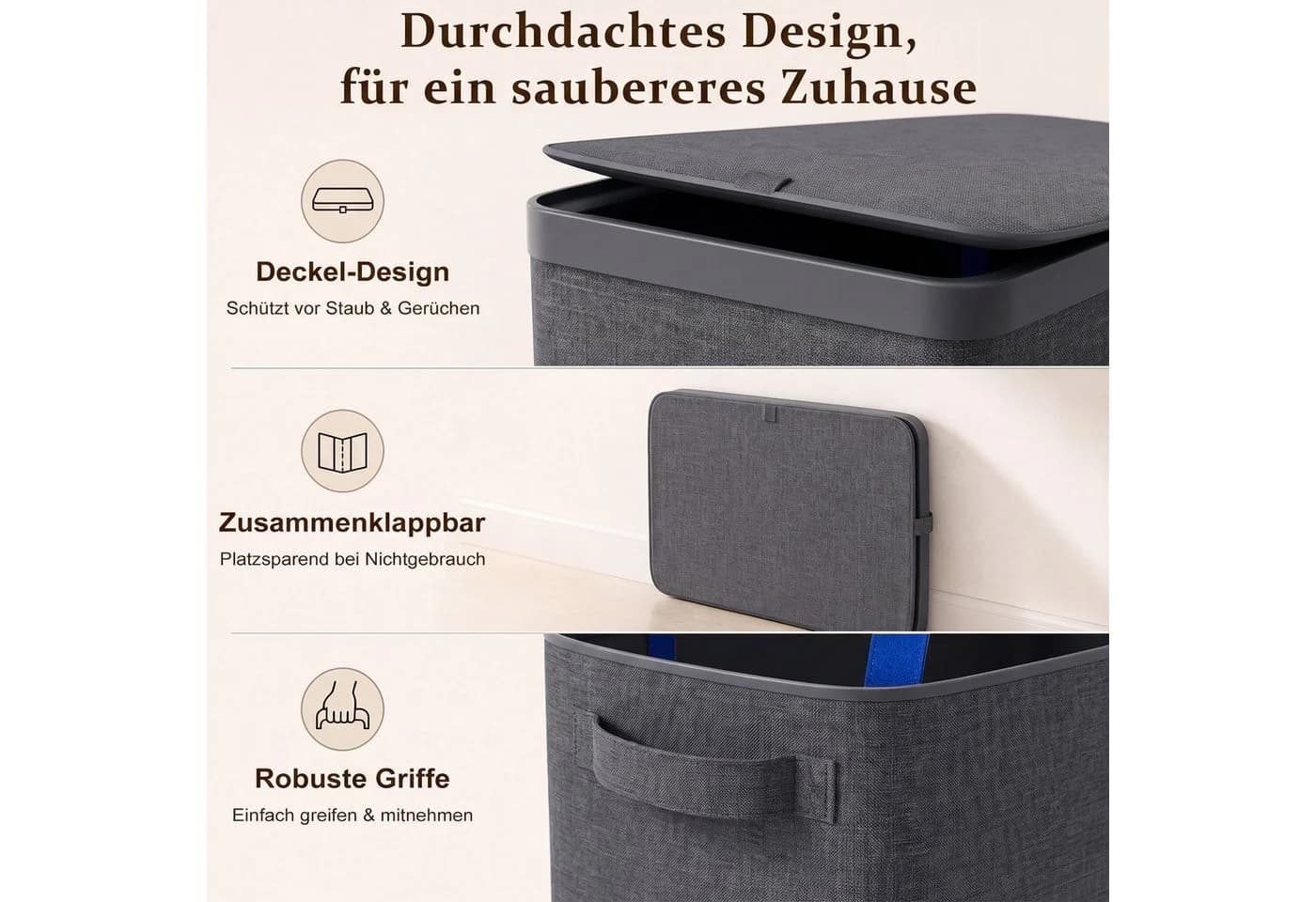 Hausright Wäschekorb 100L Grau mit Deckel & 2 Fächern - Bild 5