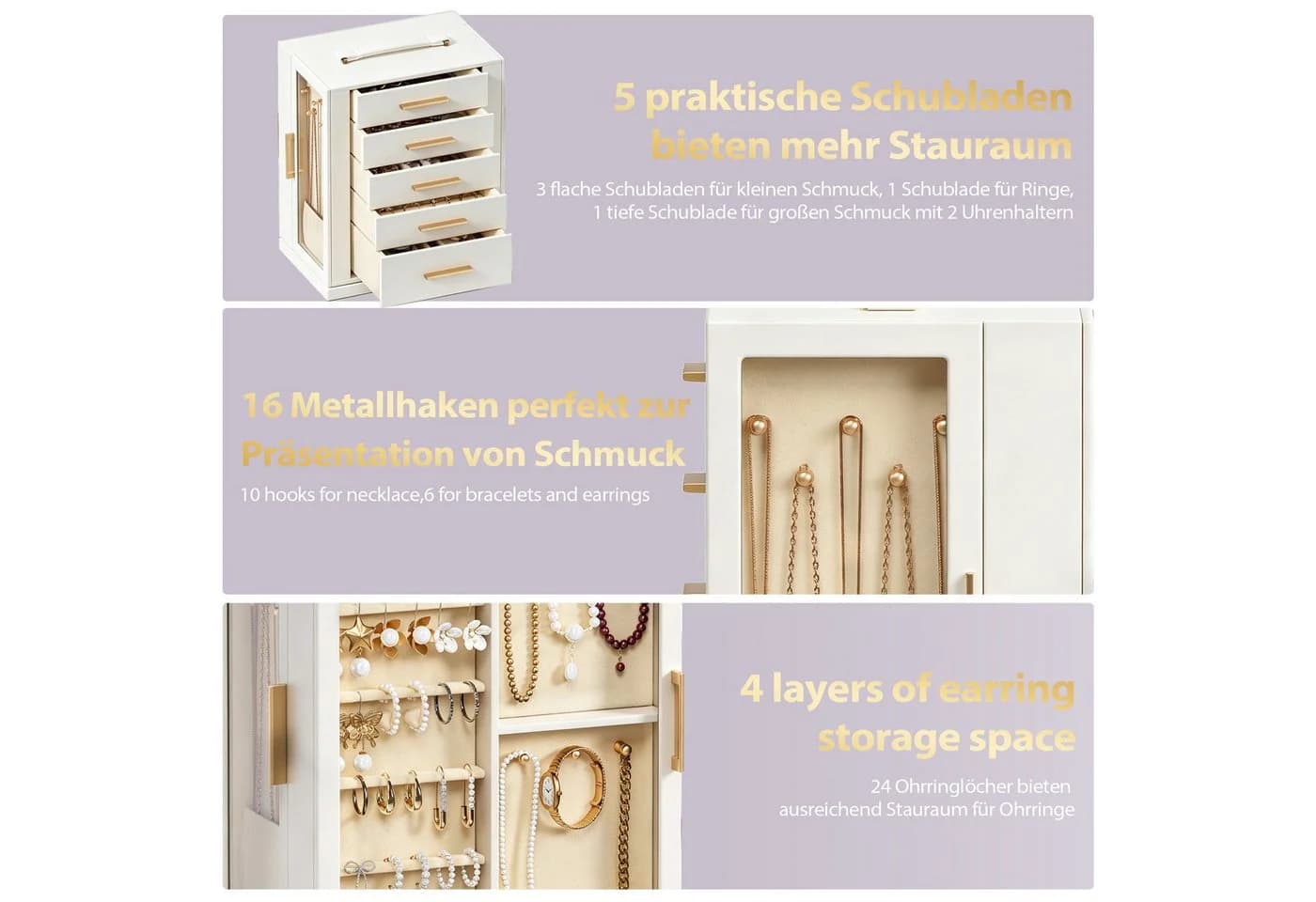 Hausright Schmuckkasten drehbar mit 5 Schubladen und Glasfront Weiß/Schwarz - Bild 4