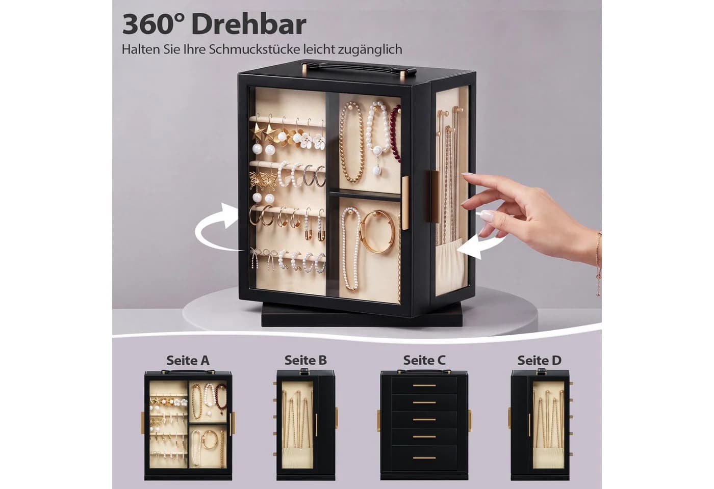 Hausright Schmuckkasten drehbar mit 5 Schubladen und Glasfront Schwarz/Weiß