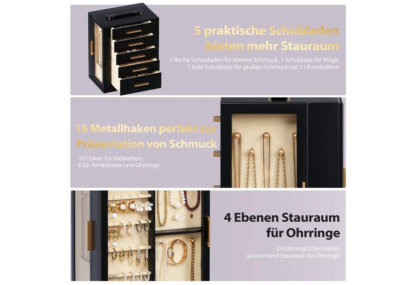 Hausright Schmuckkasten drehbar mit 5 Schubladen und Glasfront Schwarz/Weiß - Bild 4
