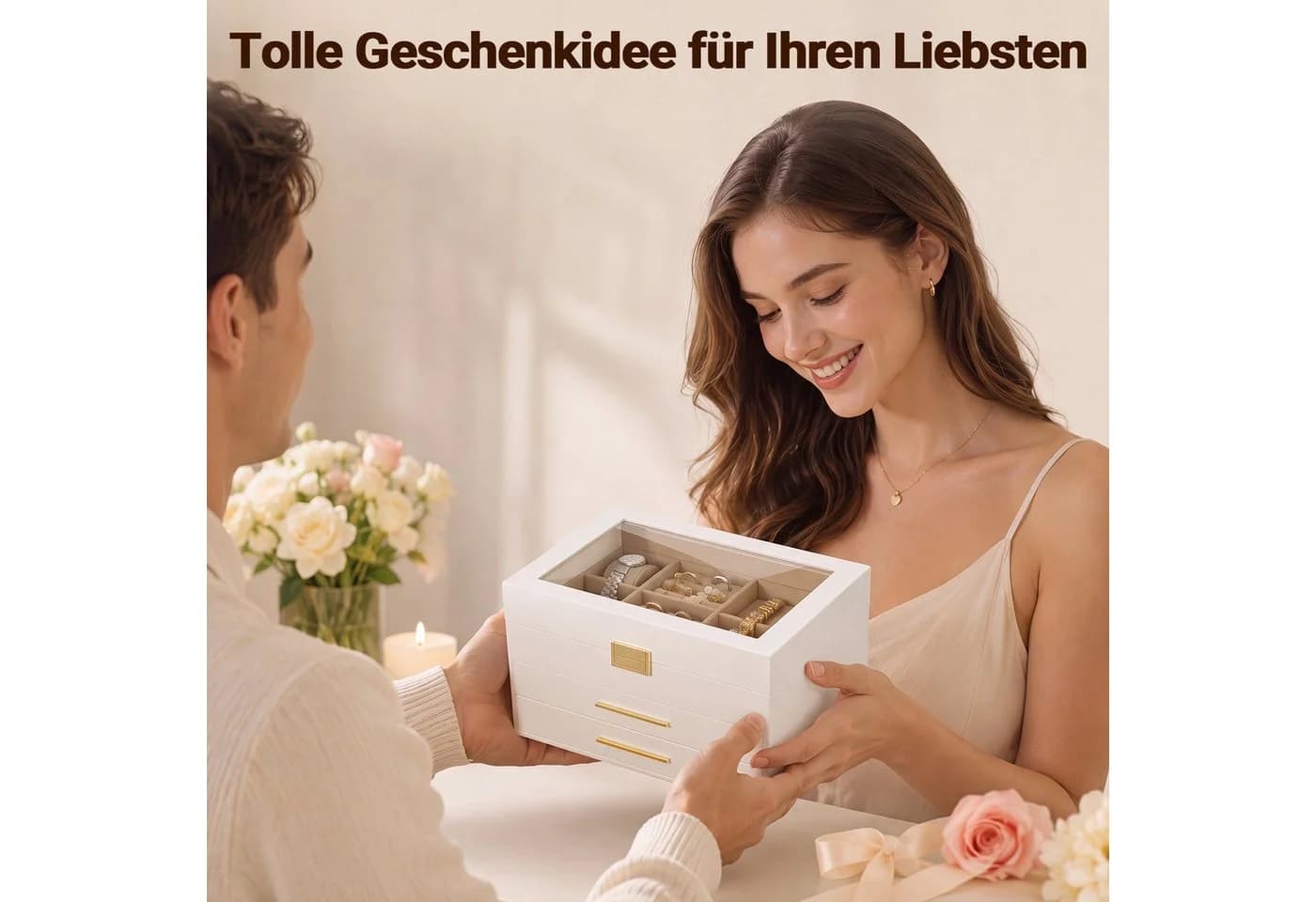 Hausright Schmuckkasten 3 Ebenen mit Glasdeckel und 2 Schubladen Weiß/Schwarz - Bild 5