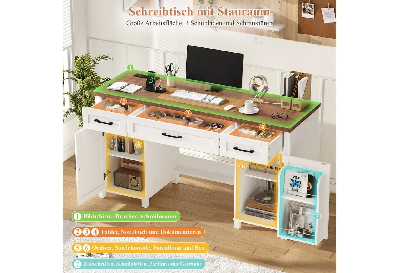 Homfa Schreibtisch mit Steckdose und Schubladen 150 cm weiß