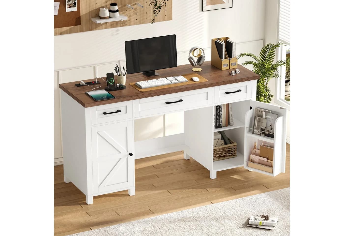 Homfa Schreibtisch mit Steckdose und Schubladen 150 cm weiß - Bild 2