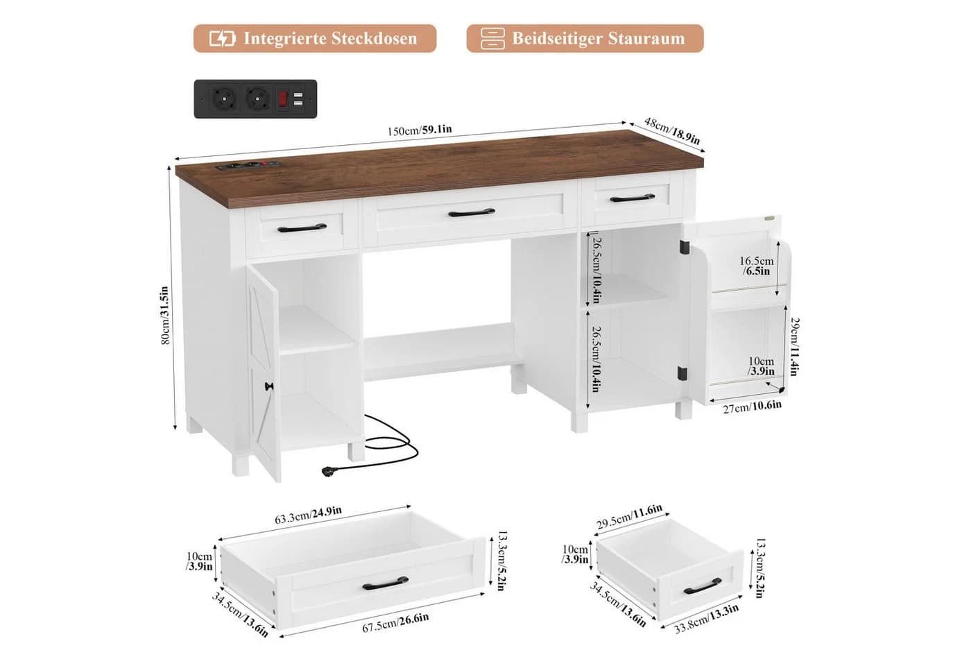 Homfa Schreibtisch mit Steckdose und Schubladen 150 cm weiß - Bild 3