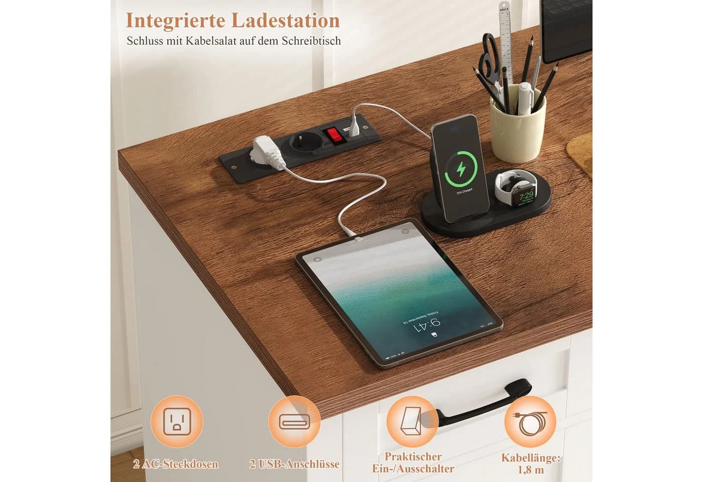 Homfa Schreibtisch mit Steckdose und Schubladen 150 cm weiß - Bild 4