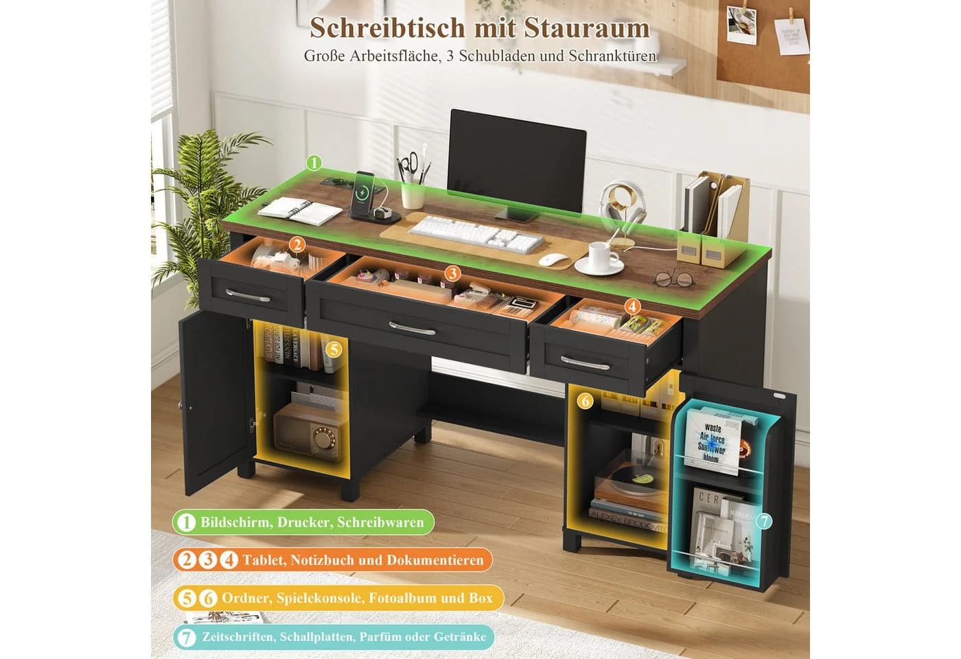 Homfa Schreibtisch mit Steckdose und Schubladen 150 cm Schwarz