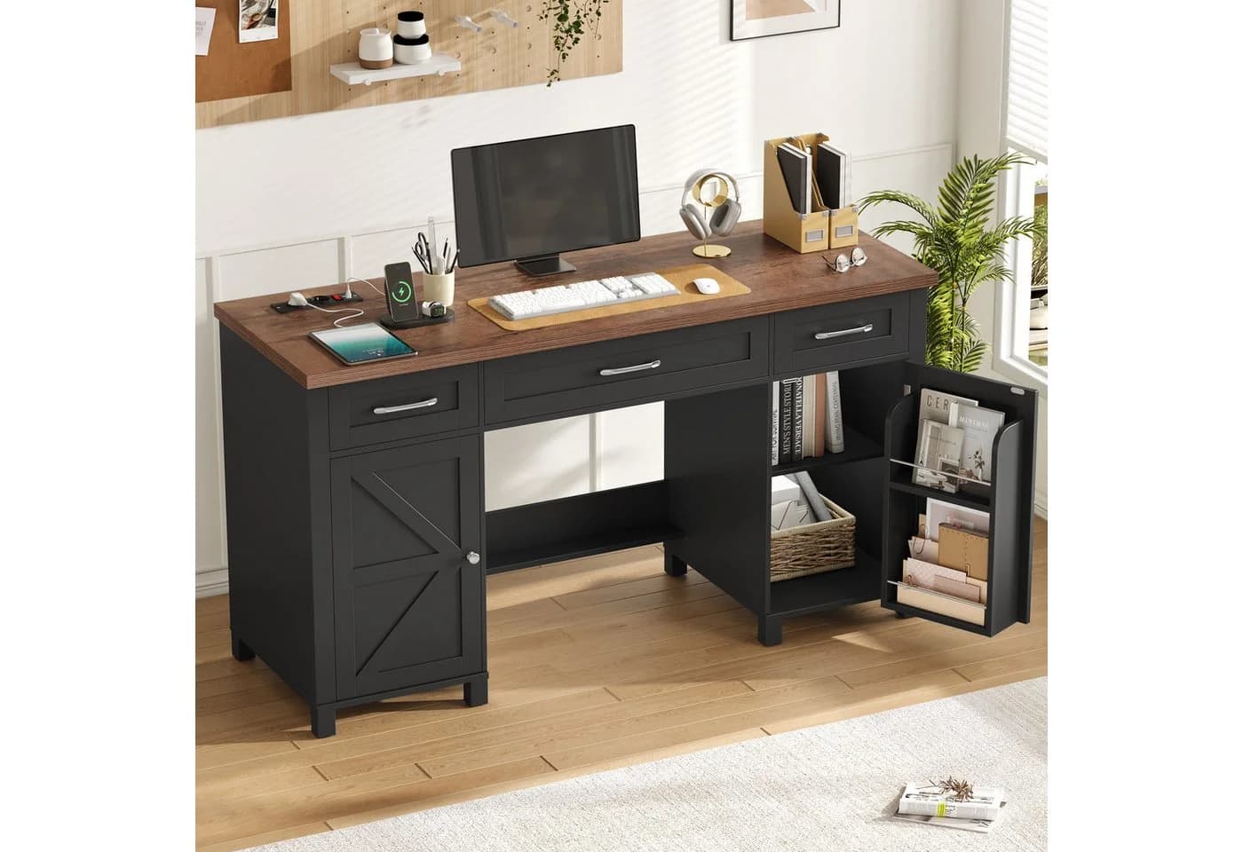 Homfa Schreibtisch mit Steckdose und Schubladen 150 cm Schwarz - Bild 2