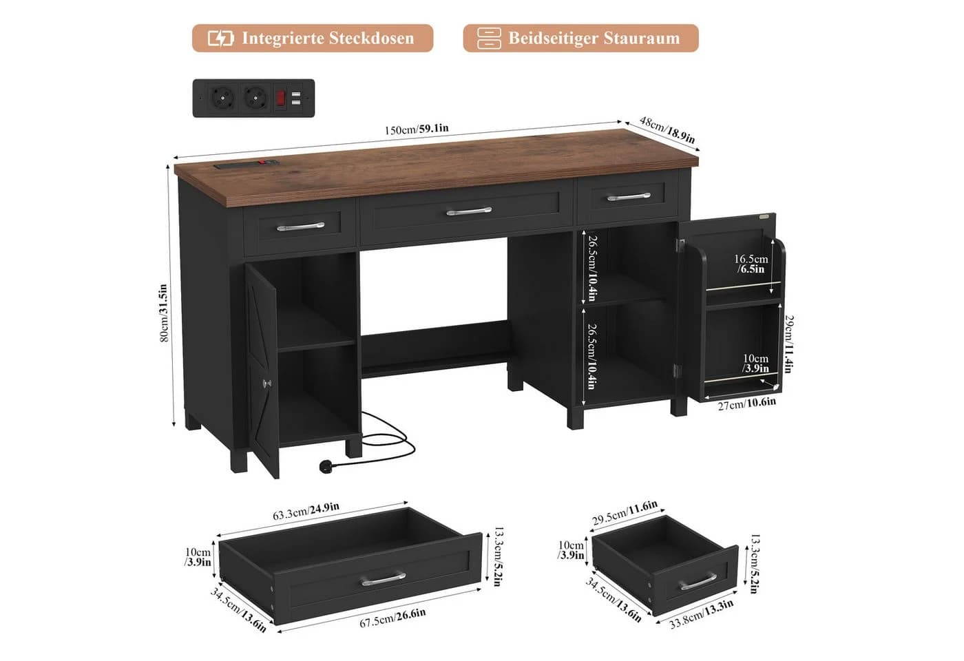 Homfa Schreibtisch mit Steckdose und Schubladen 150 cm Schwarz - Bild 3