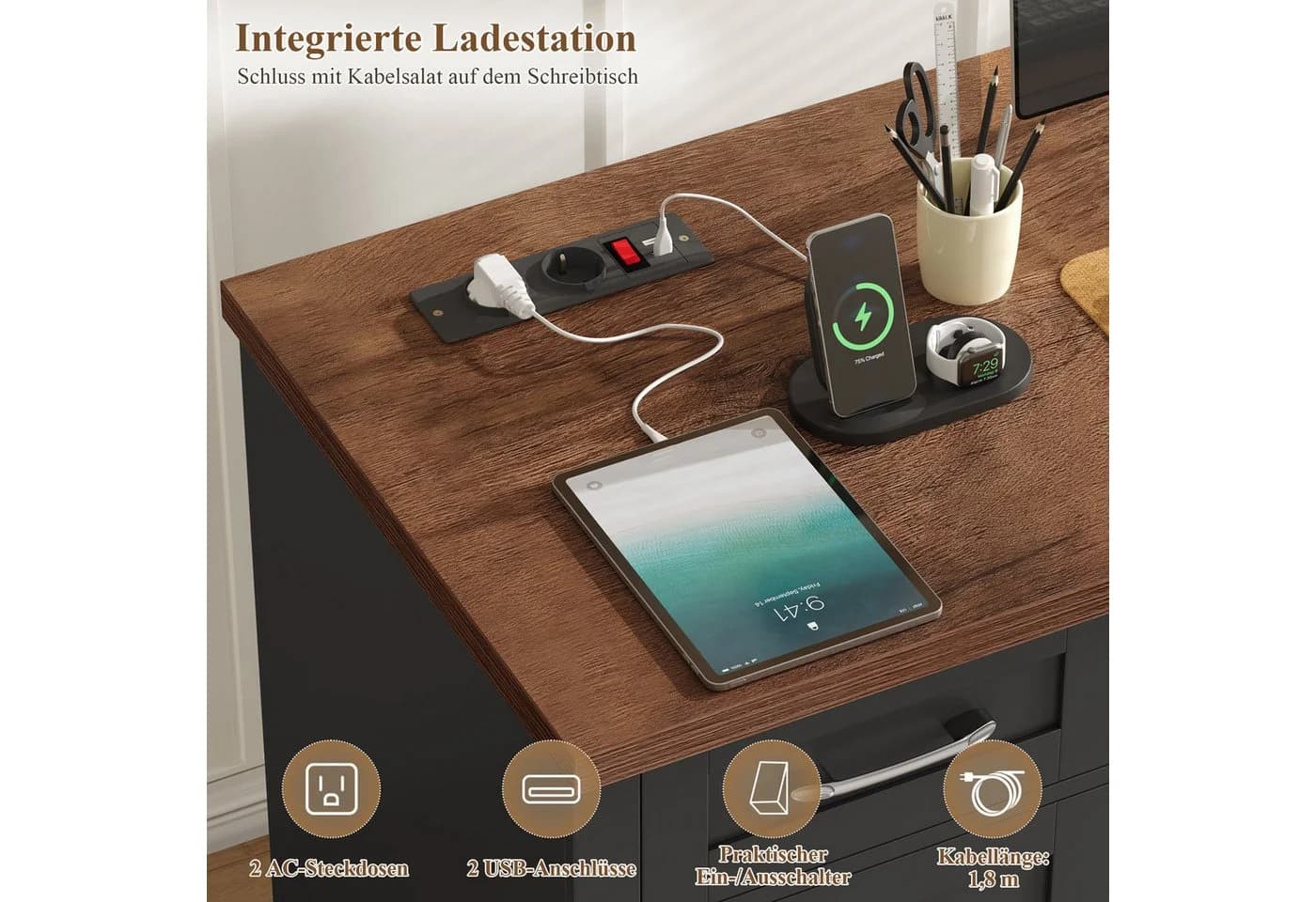 Homfa Schreibtisch mit Steckdose und Schubladen 150 cm Schwarz - Bild 4