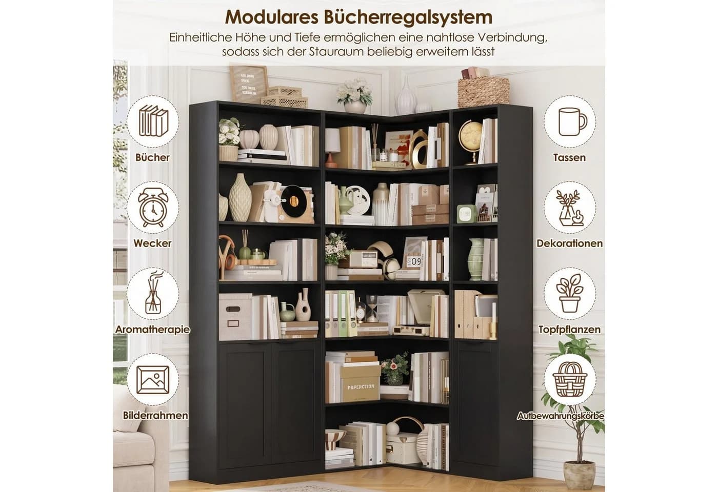 Homfa Bücherregal-Set 3-tlg. mit Türen Schwarz - Bild 5