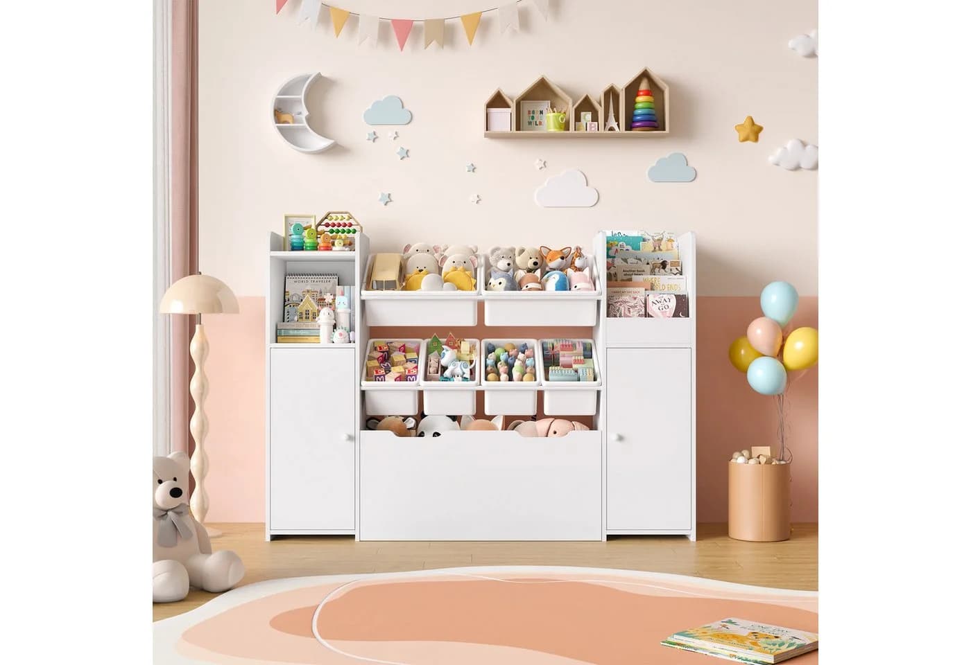 Homfa Kinderregal mit Boxen und Schubladen Weiß/Rosa