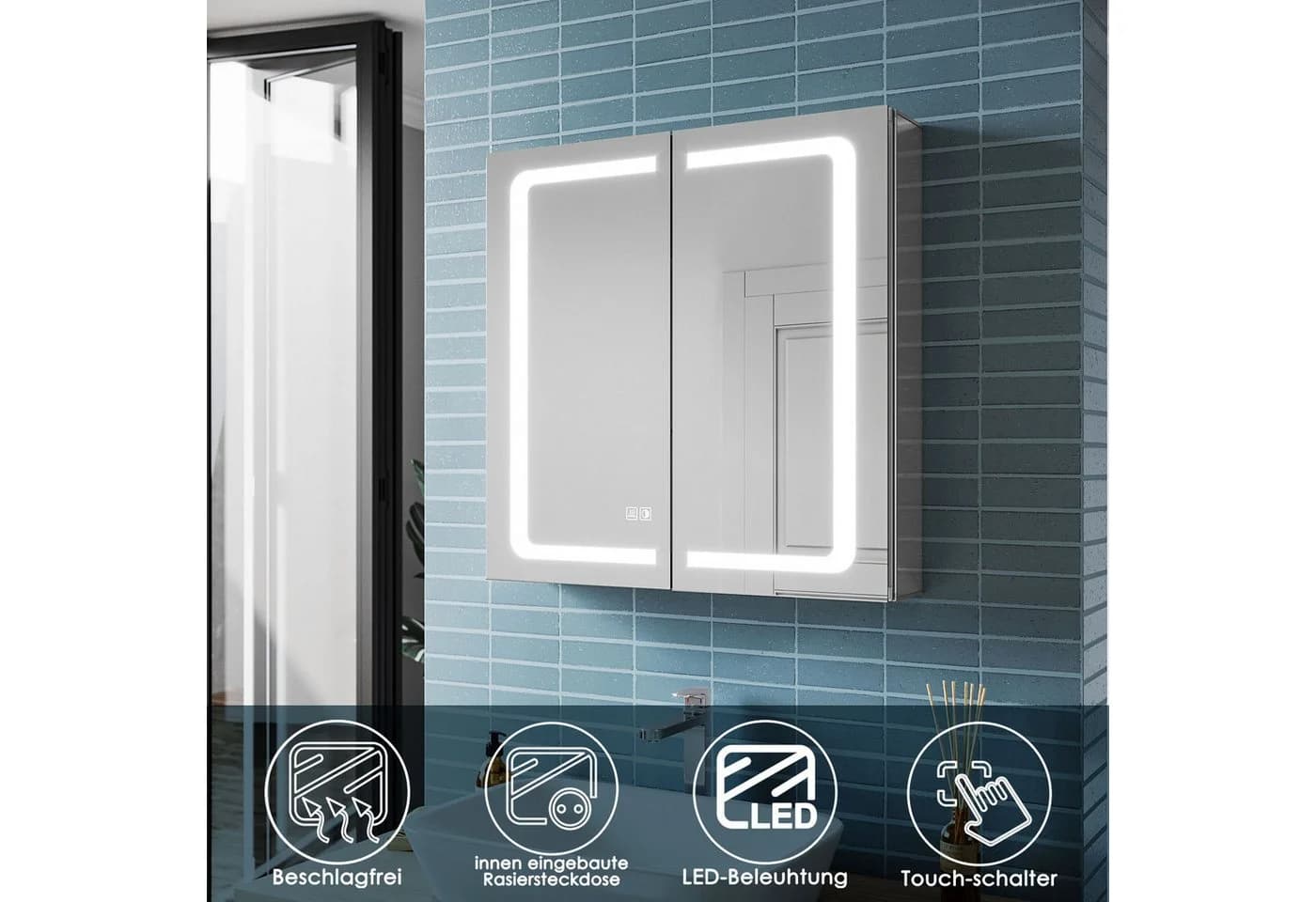 SONNI Badezimmerspiegelschrank Aluminium 65 cm Touch-Beleuchtung