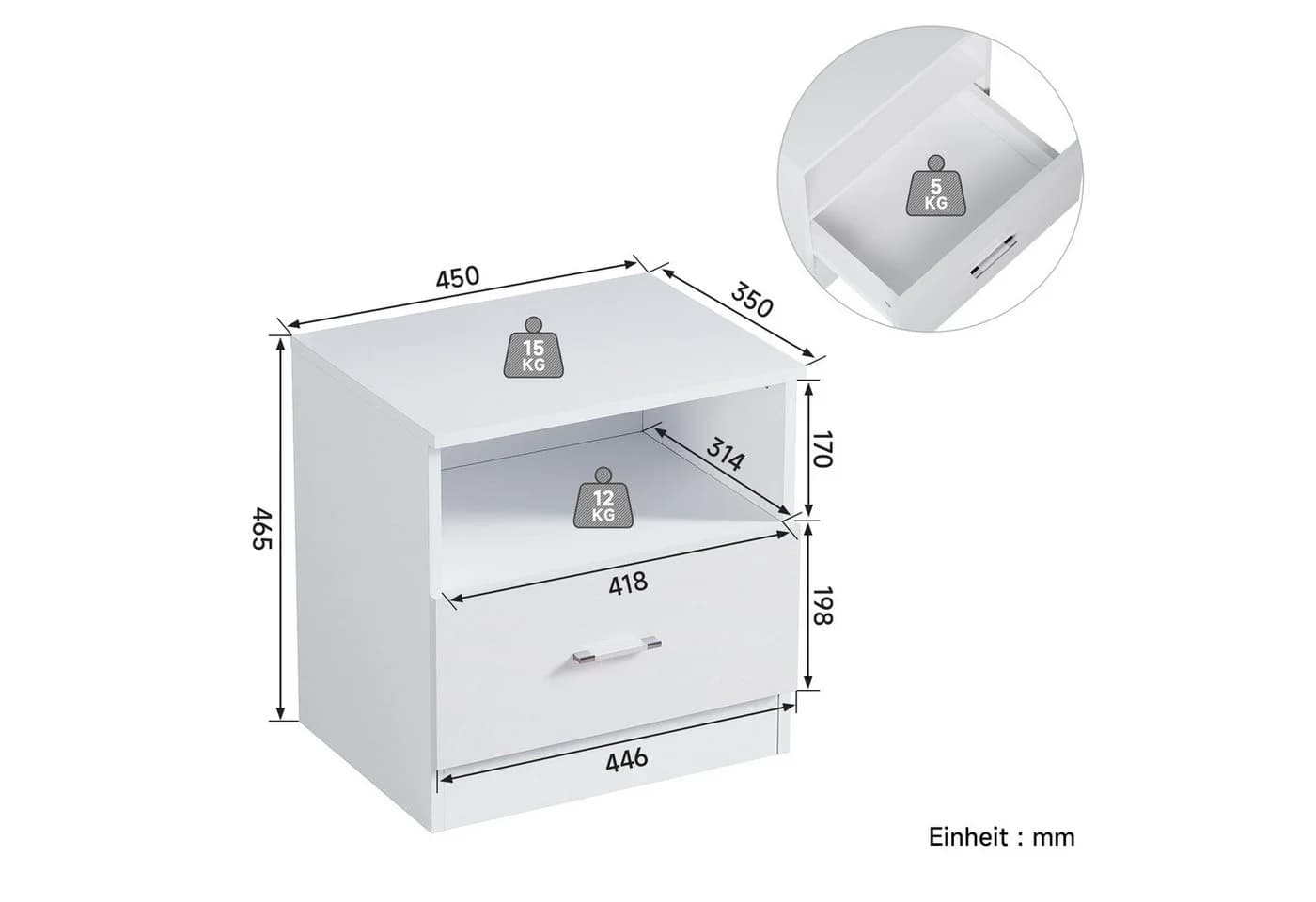 SONNI Nachtkonsole Nachttisch mit LED-Beleuchtung, Schublade 45x35xH46.5cm, Nachtkommode Weiß Hochglanz