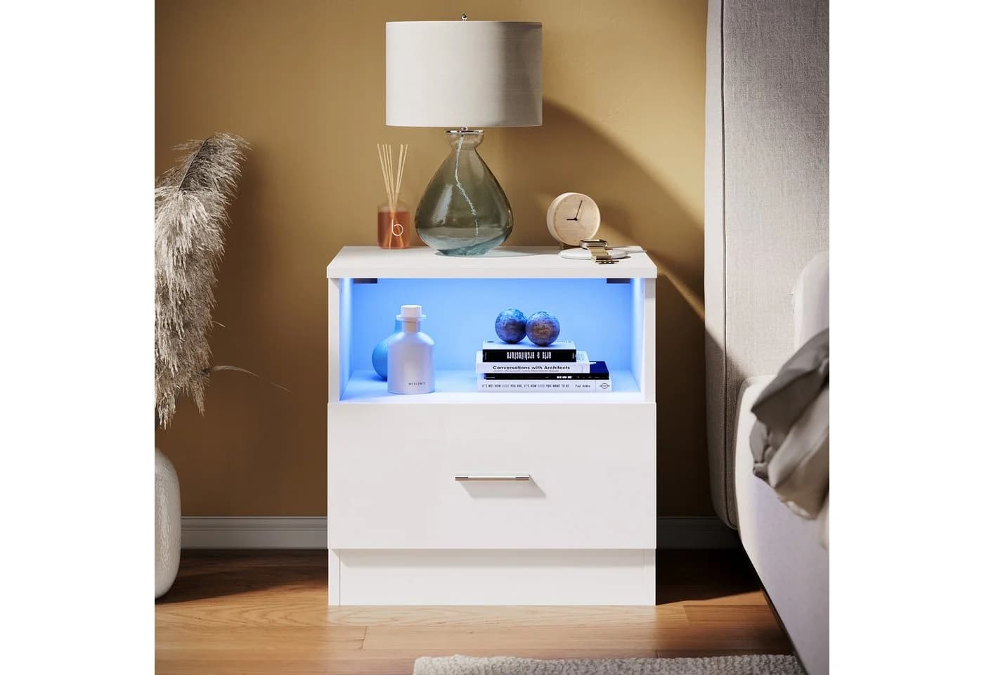 SONNI Nachtkonsole Nachttisch mit LED-Beleuchtung, Schublade 45x35xH46.5cm, Nachtkommode Weiß Hochglanz - Bild 2