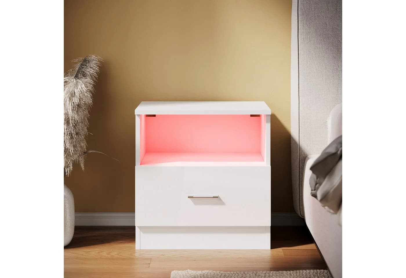 SONNI Nachtkonsole mit LED-Beleuchtung und Schublade, weiß Hochglanz - Bild 2