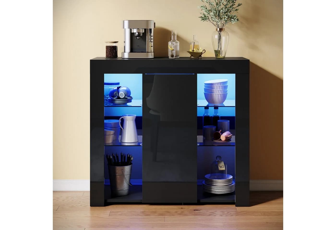SONNI Sideboard mit LED Beleuchtung 90x35x83cm Weiß/Schwarz Hochglanz - Bild 2