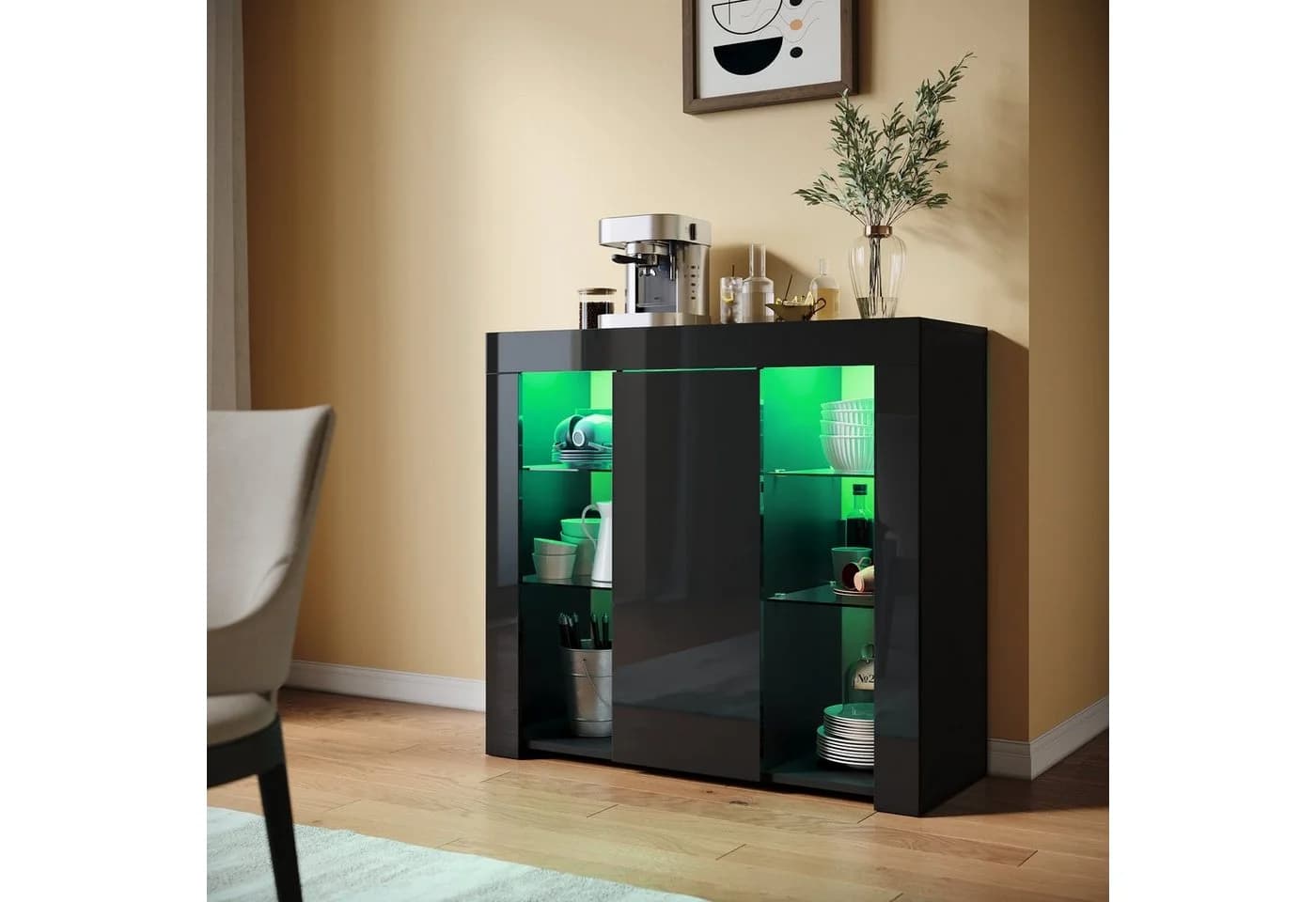 SONNI Sideboard mit LED Beleuchtung 90x35x83cm Weiß/Schwarz Hochglanz - Bild 4