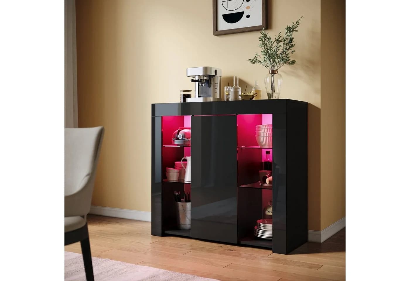 SONNI Sideboard mit LED Beleuchtung 90x35x83cm Weiß/Schwarz Hochglanz - Bild 5