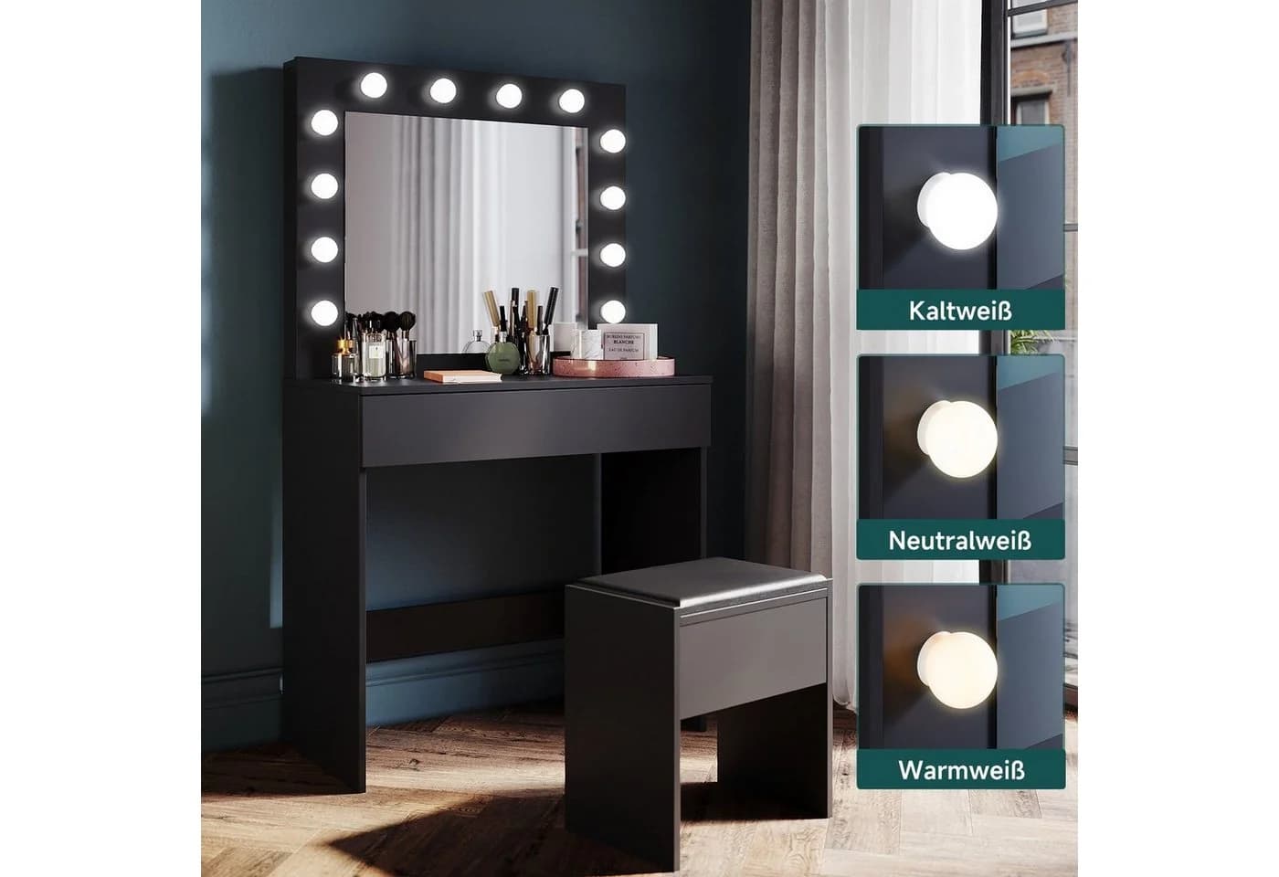 SONNI Schminktisch Schwarz/Weiß mit LED-Beleuchtung