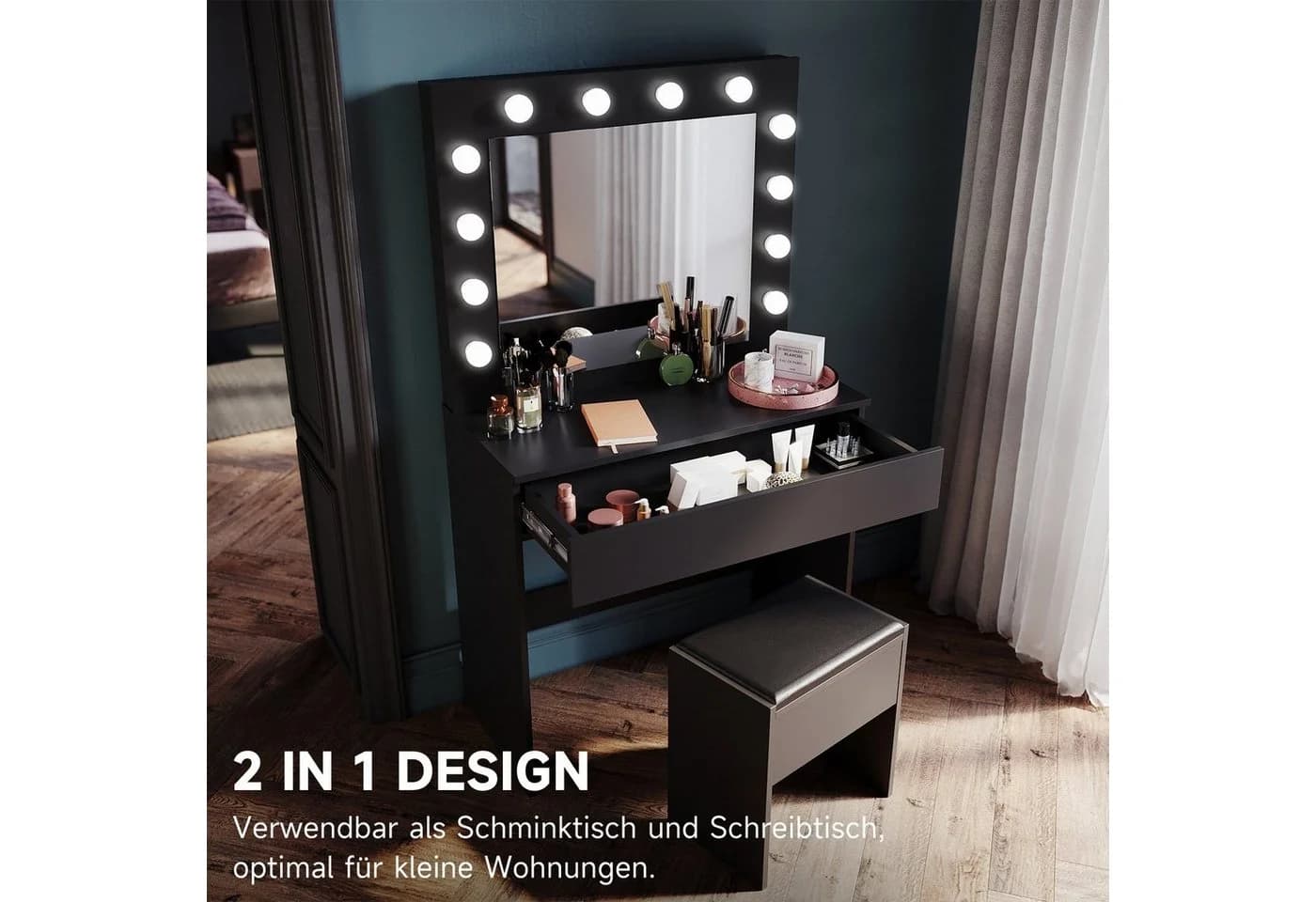 SONNI Schminktisch Schwarz/Weiß mit LED-Beleuchtung - Bild 4