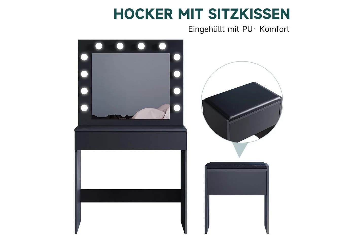 SONNI Schminktisch Schwarz/Weiß mit LED-Beleuchtung - Bild 5