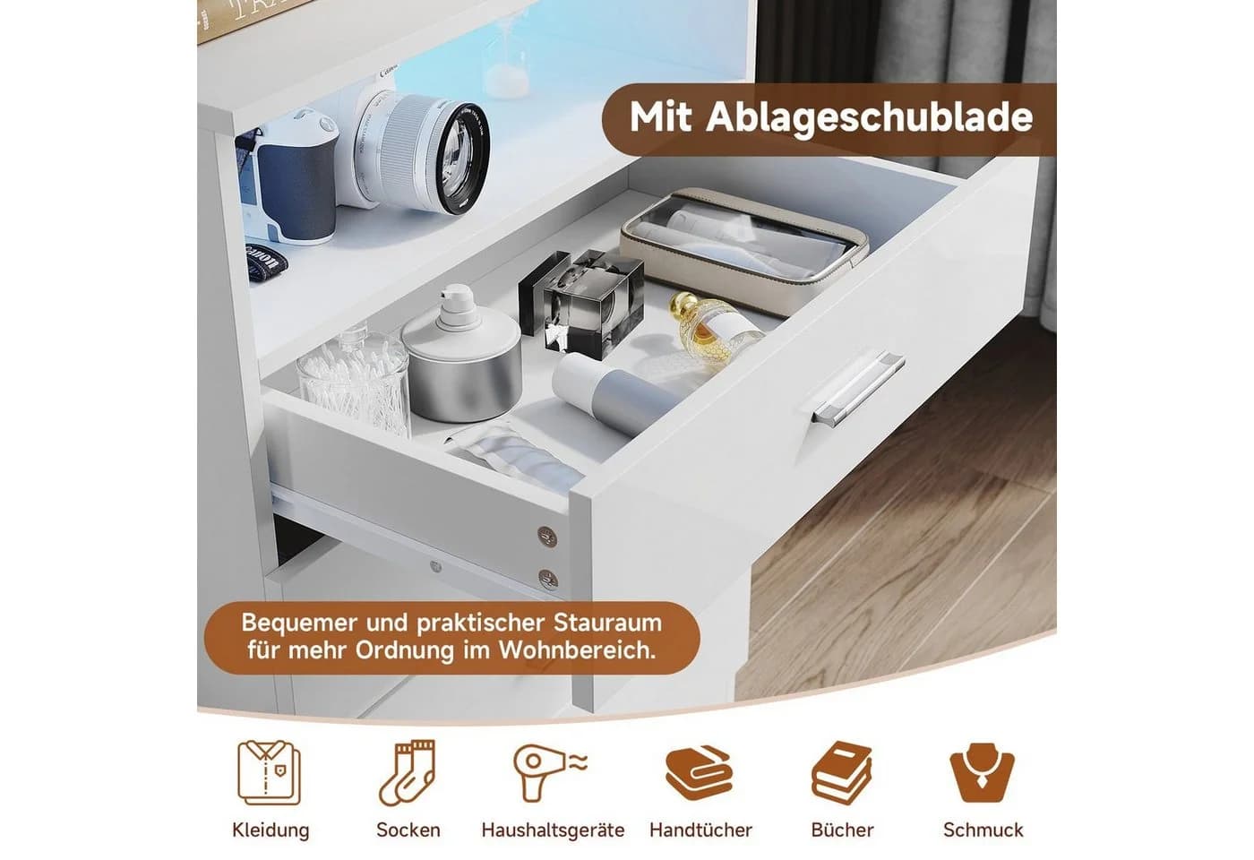 SONNI Kommode Weiß 4 Schubladen LED-Beleuchtung - Bild 5