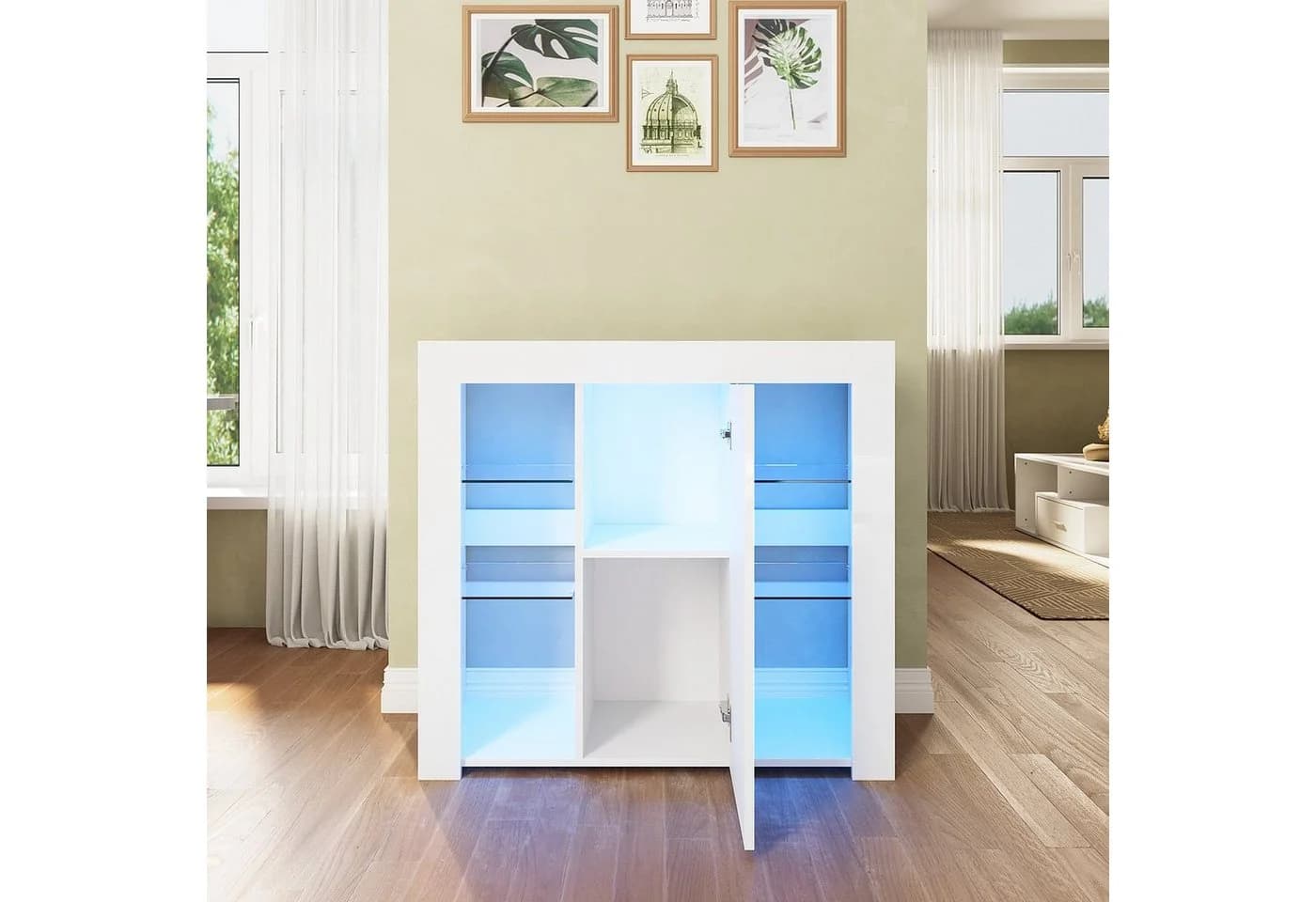 SONNI Sideboard Küchenschrank mit LED Beleuchtung 90x35x83cm, Hochglanz, mit Schranktür und 4 Glas Einlegeböden