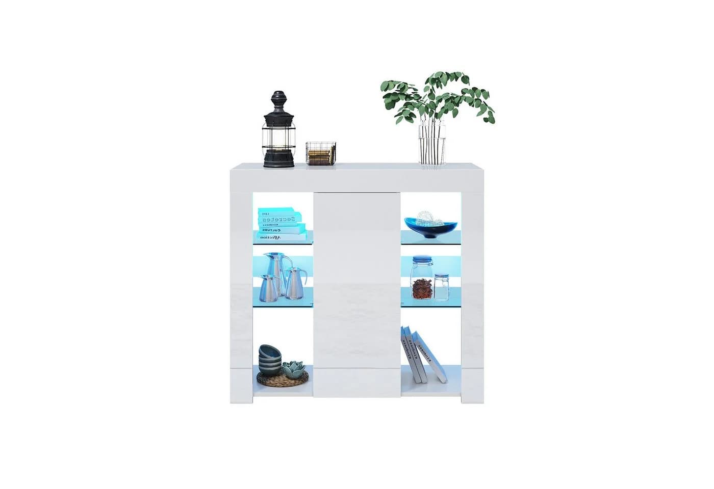 SONNI Sideboard Küchenschrank mit LED Beleuchtung 90x35x83cm, Hochglanz, mit Schranktür und 4 Glas Einlegeböden - Bild 2