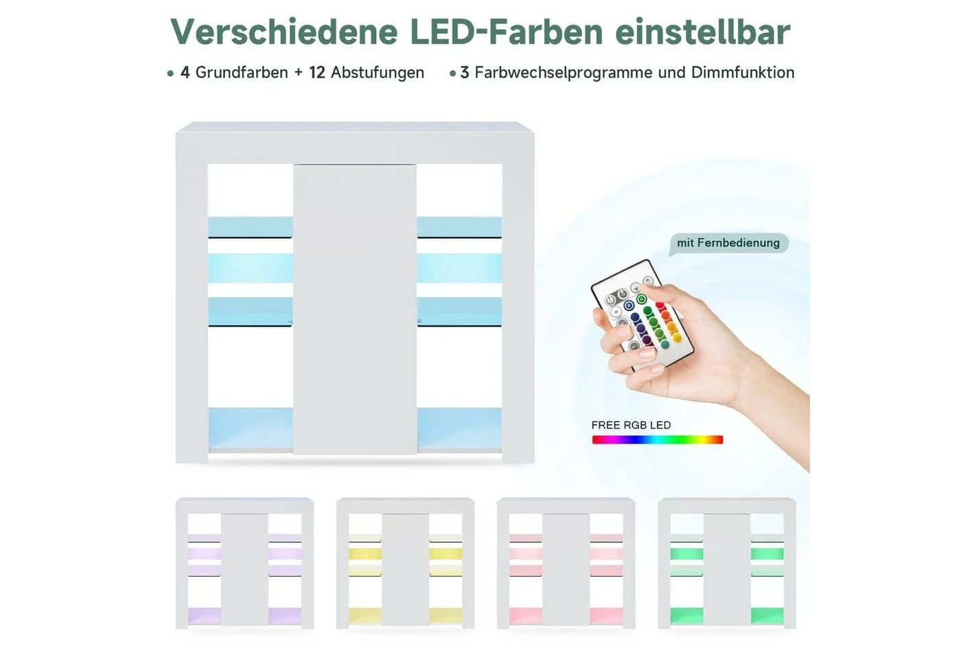 SONNI Sideboard Küchenschrank mit LED Beleuchtung 90x35x83cm, Hochglanz, mit Schranktür und 4 Glas Einlegeböden - Bild 3