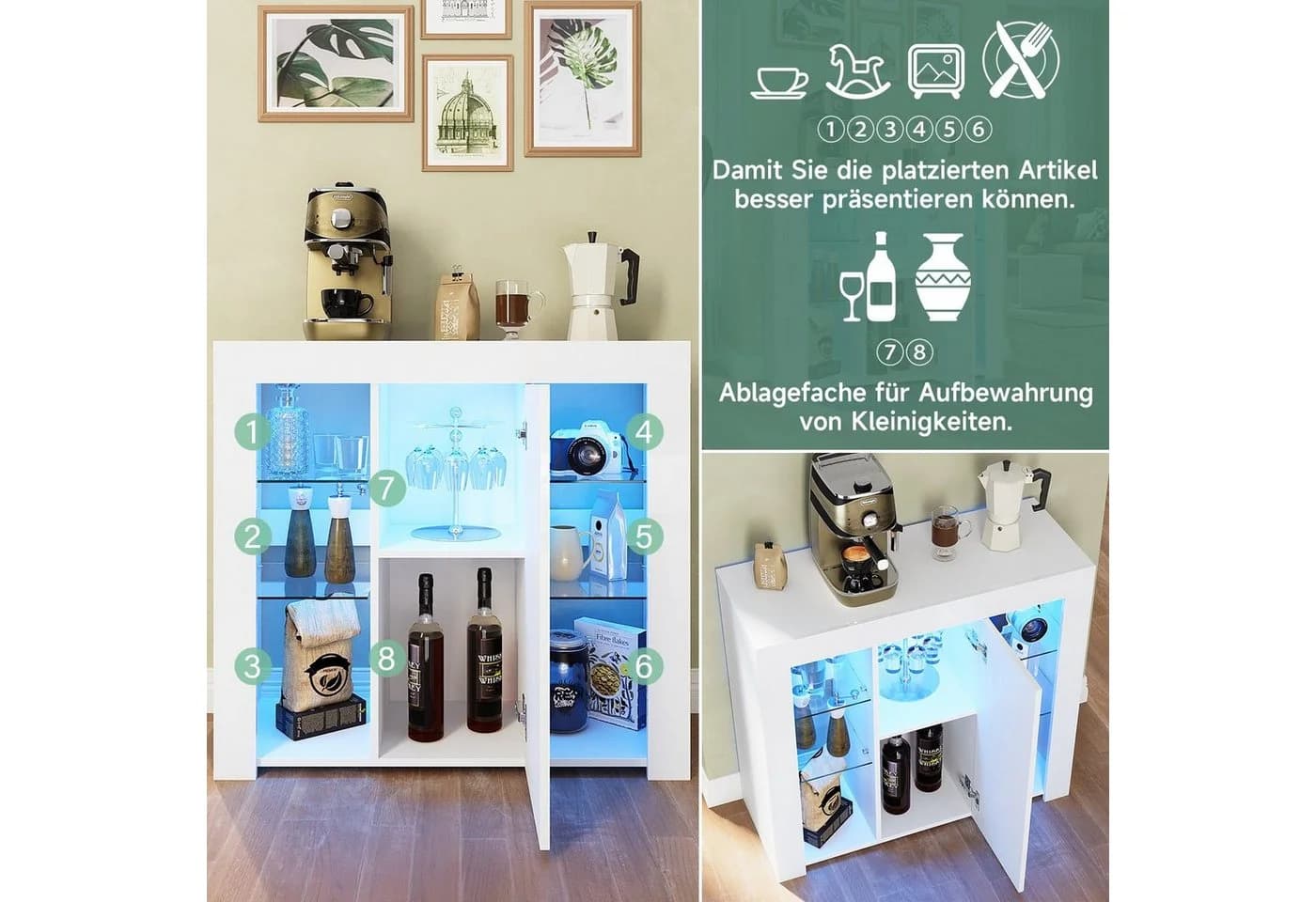 SONNI Sideboard Küchenschrank mit LED Beleuchtung 90x35x83cm, Hochglanz, mit Schranktür und 4 Glas Einlegeböden - Bild 4