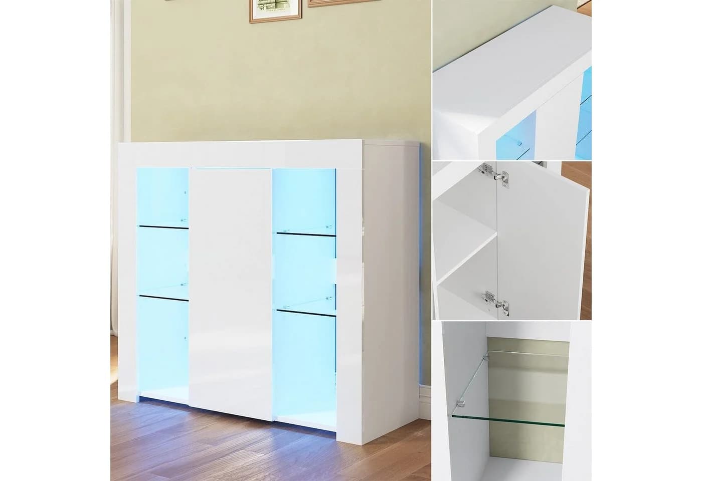 SONNI Sideboard Küchenschrank mit LED Beleuchtung 90x35x83cm, Hochglanz, mit Schranktür und 4 Glas Einlegeböden - Bild 5