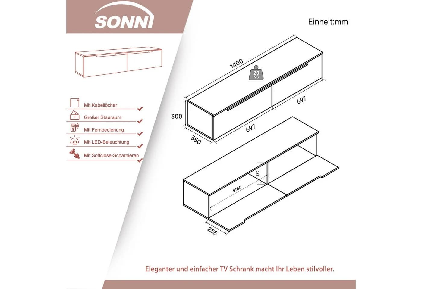 SONNI TV-Schrank Lowboard Weiß Hochglanz 140 cm mit LED-Beleuchtung - Bild 5