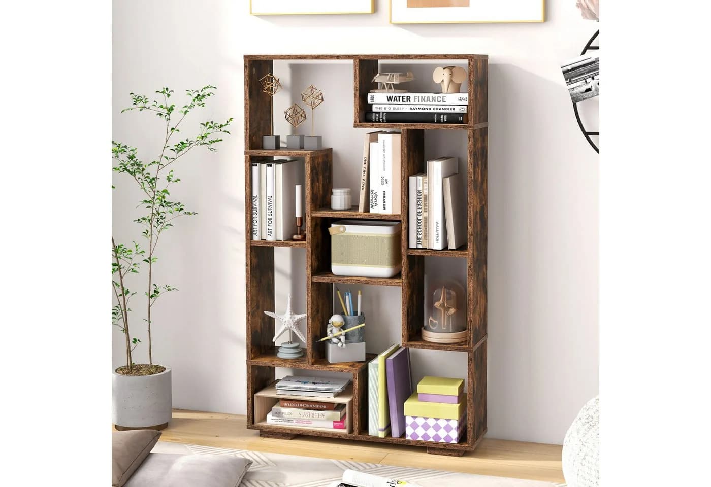 COSTWAY Bücherregal Holz 9 Fächer Raumteiler Geometrisch 70x20x120cm