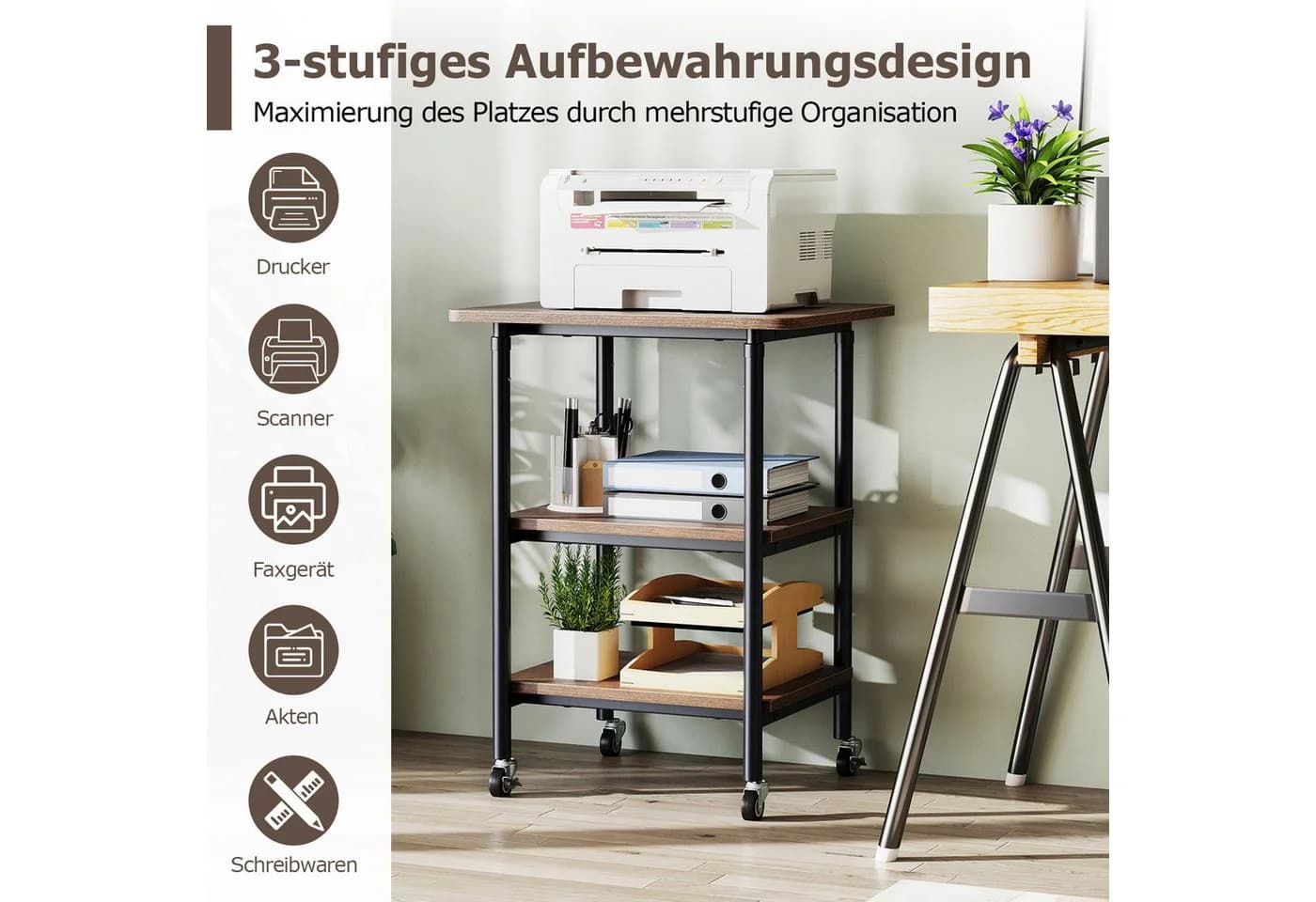 COSTWAY Druckertisch mit Rollen 3-stufiger Druckerständer höhenverstellbar - Bild 4
