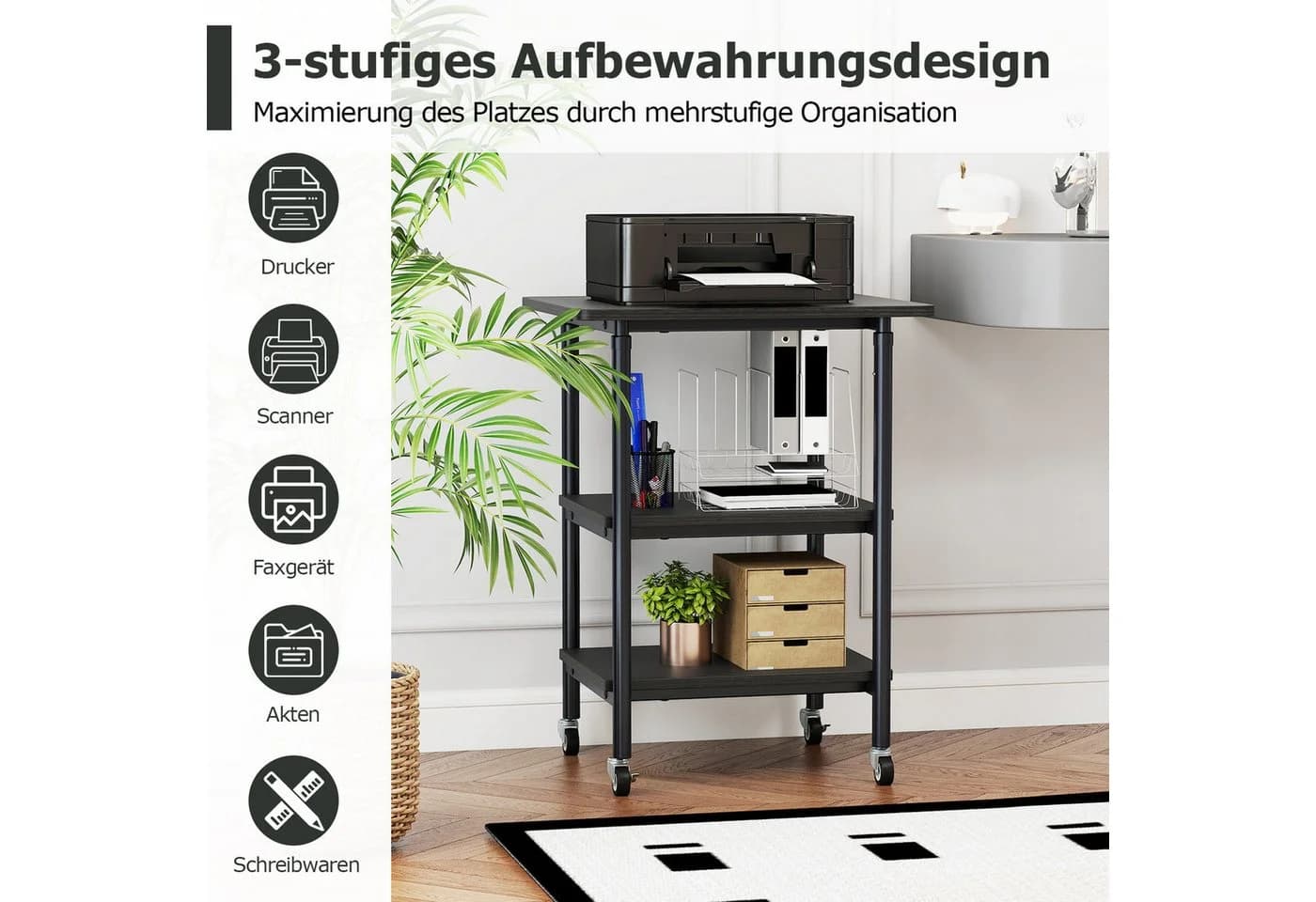 COSTWAY Druckertisch höhenverstellbar mit Rollen Rustikal Braun - Bild 4