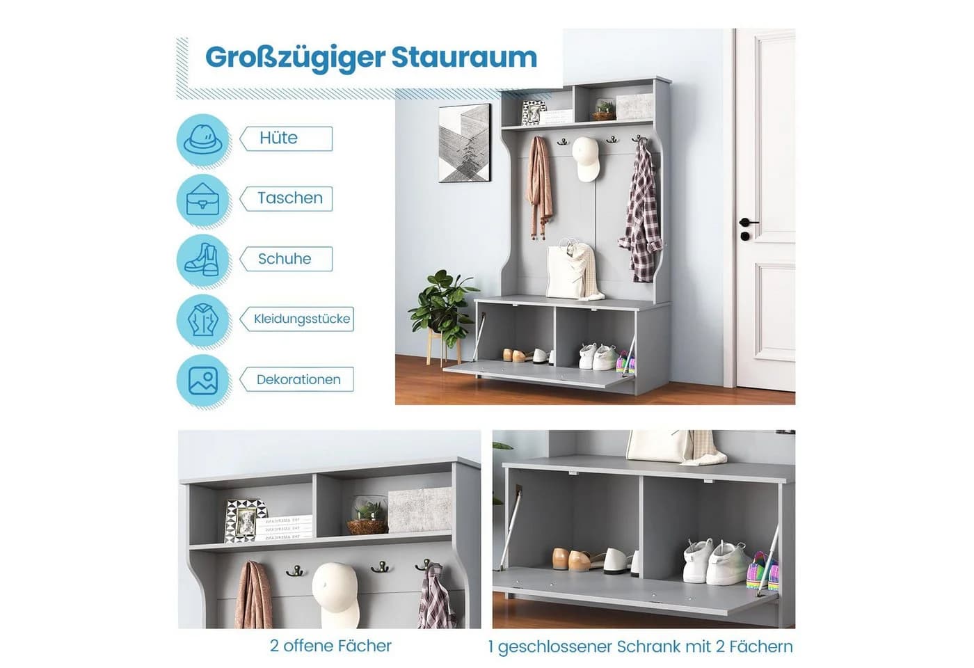 COSTWAY Garderobenständer mit Sitzbank Grau 5 Doppelhaken - Bild 3