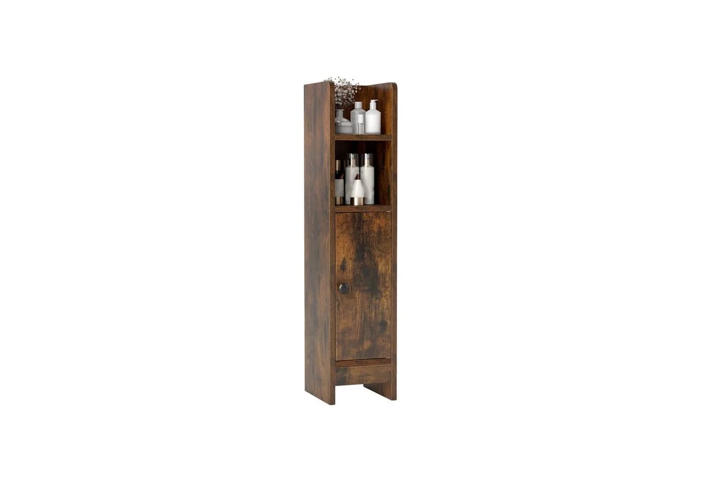 COSTWAY Badkommode Braun Badezimmerschrank schmal verstellbare Ablagen - Bild 2