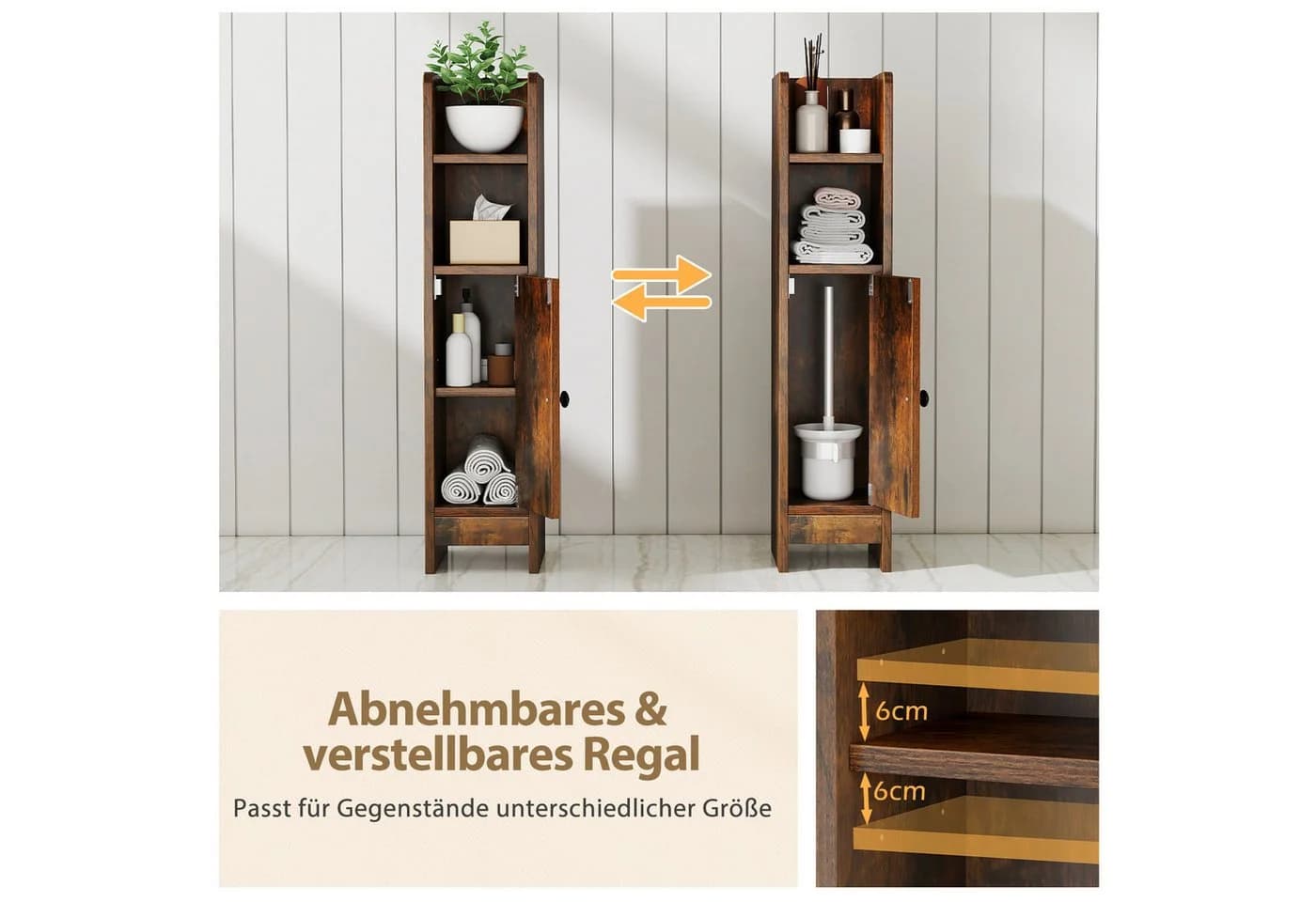 COSTWAY Badkommode Braun Badezimmerschrank schmal verstellbare Ablagen - Bild 3