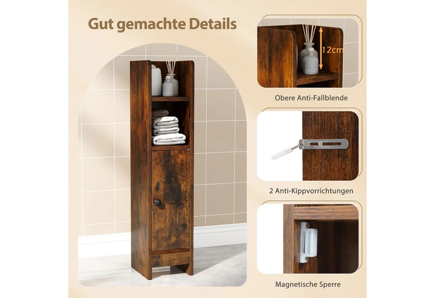 COSTWAY Badkommode Braun Badezimmerschrank schmal verstellbare Ablagen - Bild 5