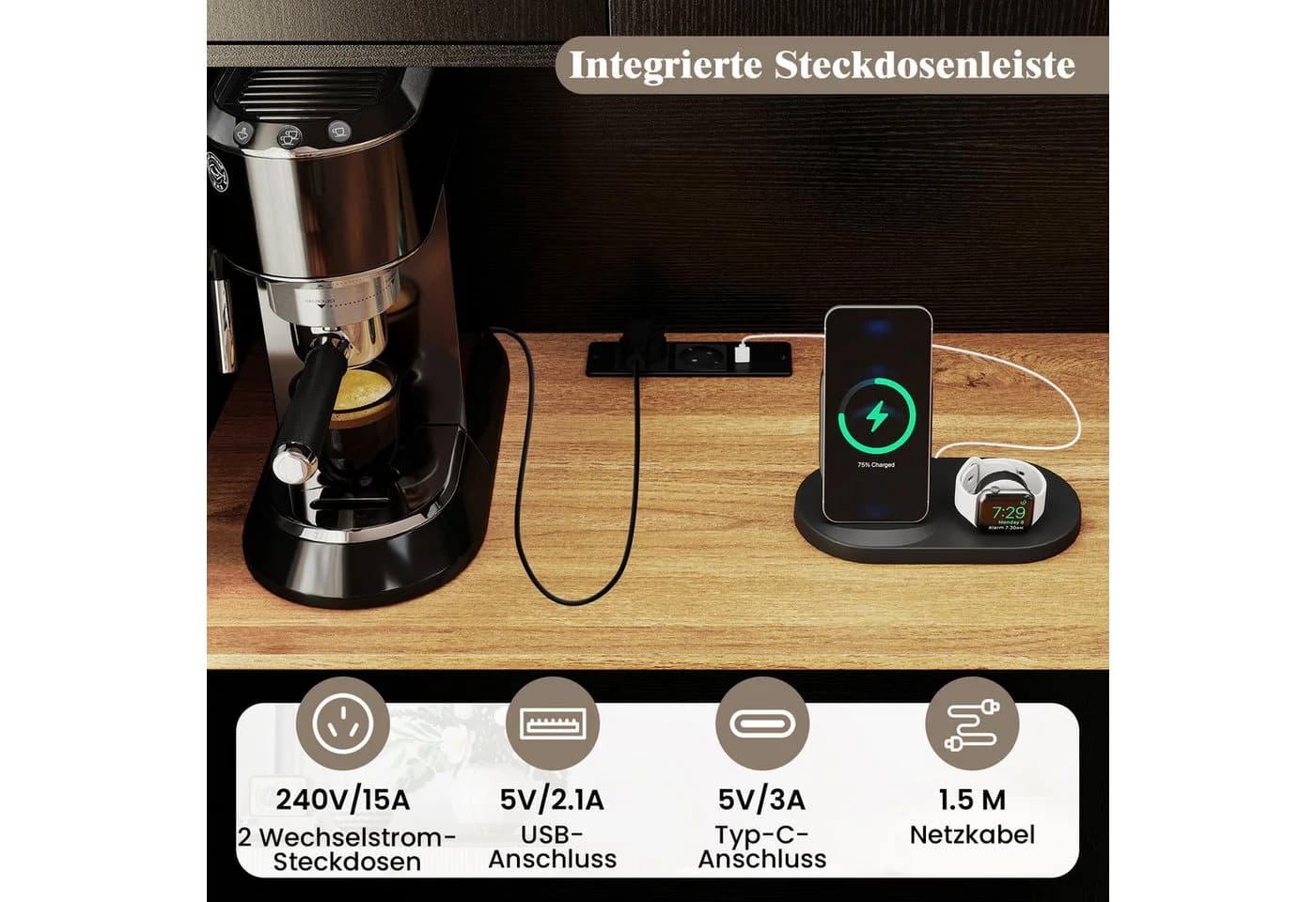 COSTWAY Küchenbuffet mit Steckdose und Arbeitsplatte Schwarz - Bild 3