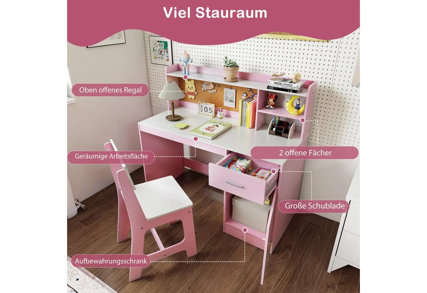 COSTWAY Kinderschreibtisch Rosa mit Stuhl Set, mit Schubladen, ab 3 Jahre
