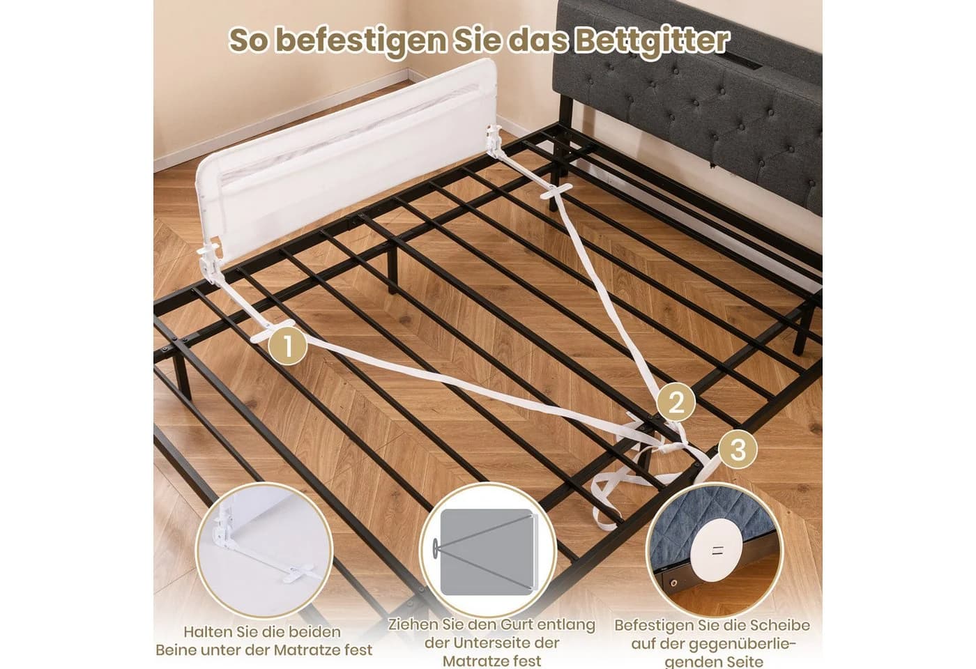 COSTWAY Bettschutzgitter Grau/Weiß mit Sicherheitsgurt - Bild 4